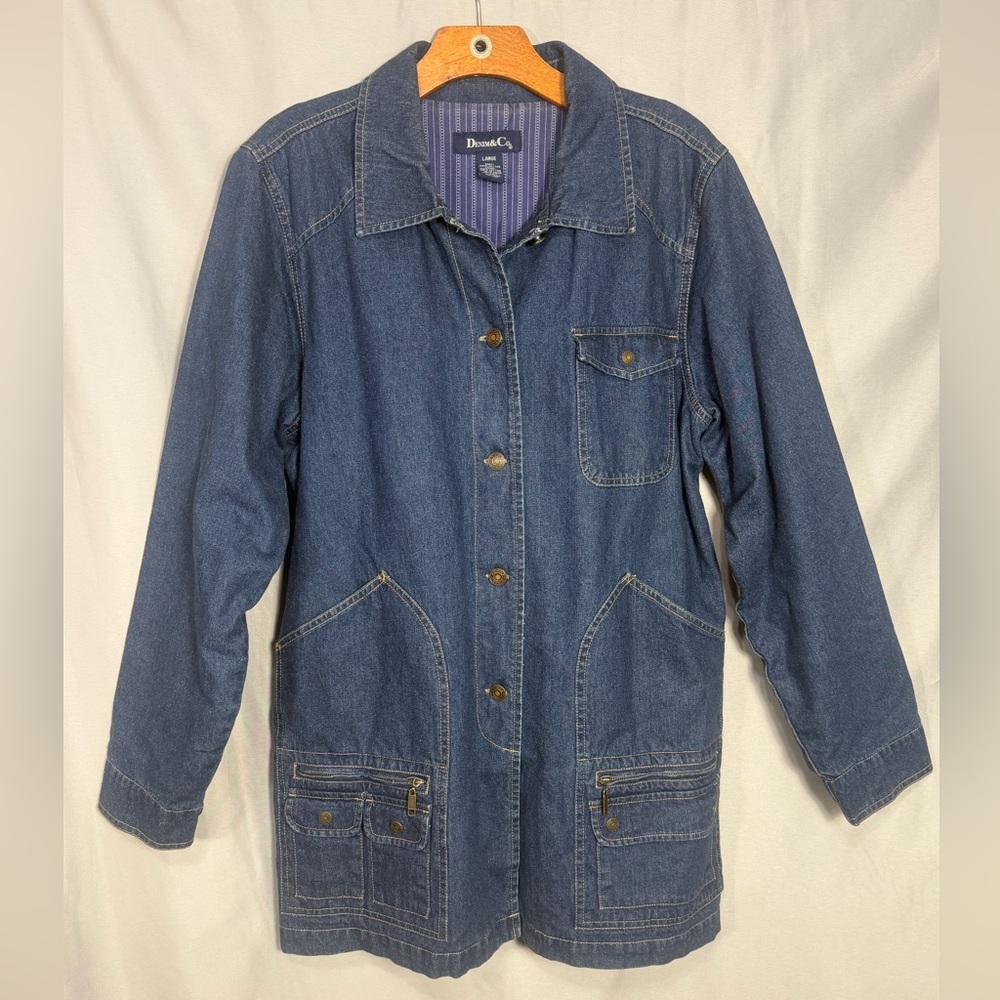 Denim & Co QVC Women’s Blue Jean Chore Jacket  Purple Lined Pockets Button Sz L